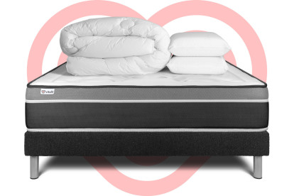 Pack lit complet 140x200 cm - Matelas + Sommier Noir (en kit) + 2 oreillers + Couette - Vital Care