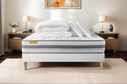 Pack lit complet 140x190 cm - Matelas + Sommier Blanc + 2 oreillers + Couette - Memo Spring