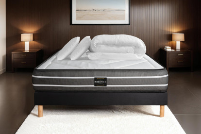 Pack lit complet 140x200 cm - Matelas + Sommier Noir + 2 oreillers + Couette - Exclusive