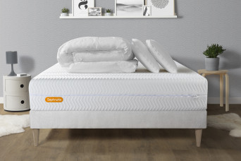 Pack lit complet 140x190 cm - Matelas + Sommier Blanc (en kit) + 2 oreillers + Couette - Memo Bio Pack lit complet 140x190 cm - Matelas + Sommier Blanc (en kit) + 2 oreillers + Couette - Memo Bio