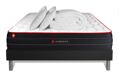 Pack lit complet 160x200 cm - Matelas + Sommier Noir + 2 oreillers + Couette - Boost