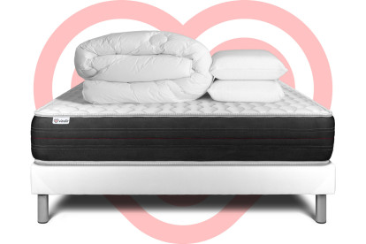 Pack lit complet 140x190 cm - Matelas + Sommier Blanc (en kit) + 2 oreillers + Couette - Vitalspring