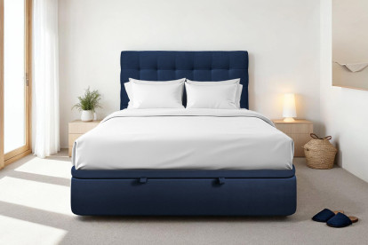 Lit coffre 200x200 cm avec Tête de lit capitonnée - Tissu Velours Bleu Océan