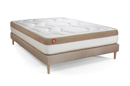 Pack lit complet 160x200 cm - Matelas + Sommier Beige (en kit) + 2 oreillers + Couette - Le Cosy