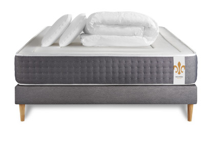 Pack lit complet 140x190 cm - Matelas + Sommier Gris + 2 oreillers + Couette - Vingt-Six