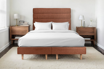 Lit 2x 100x200 cm - Sommier tapissier H29 cm + tête de lit à lignes - Tissu Bouclette Terracotta