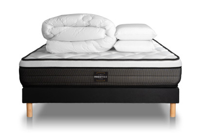 Pack lit complet 140x190 cm - Matelas + Sommier Noir + 2 oreillers + Couette - Suite