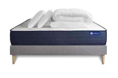 Pack lit complet 140x200 cm - Matelas + Sommier Gris (en kit) + 2 oreillers + Couette - Actiflex Life