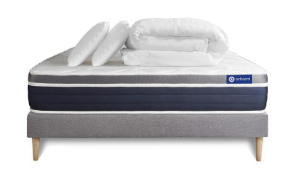 Pack lit complet 200x200 cm - Matelas + Sommier Gris (en kit) + 2 oreillers + Couette - Actiflex Confort