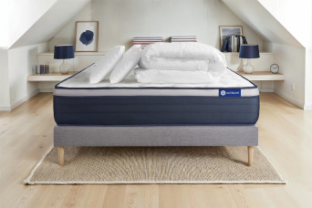 Pack lit complet 200x200 cm - Matelas + Sommier Gris (en kit) + 2 oreillers + Couette - Actimemo Max
