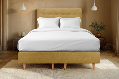 Lit 2x 100x200 cm - Sommier tapissier H35 cm + tête de lit capitonnée - Tissu Toile natté Jaune