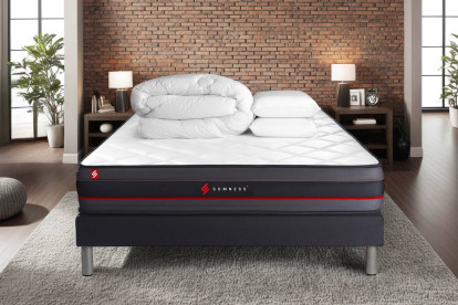 Pack lit complet 160x200 cm - Matelas + Sommier Noir (en kit) + 2 oreillers + Couette - Regen