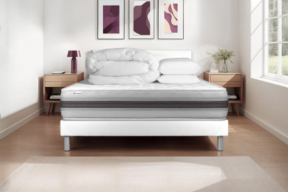 Pack lit complet 180x200 cm - Matelas + Sommier Blanc (en kit) + 2 oreillers + Couette - Vitalmemo Back