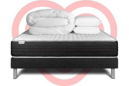 Pack lit complet 160x200 cm - Matelas + Sommier Noir (en kit) + 2 oreillers + Couette - Vitalmemo One