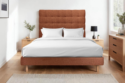 Lit 200x200 cm - Sommier à lattes H29 cm + tête de lit capitonnée - Tissu Bouclette Terracotta