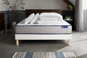 Pack lit complet 140x200 cm - Matelas + Sommier Blanc (en kit) + 2 oreillers + Couette - Actimemo Form