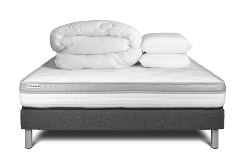Pack lit complet 180x200 cm - Matelas + Sommier Gris (en kit) + 2 oreillers + Couette - Vital Relax
