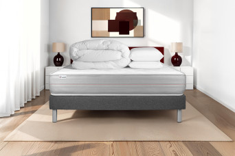 Pack lit complet 160x200 cm - Matelas + Sommier Gris (en kit) + 2 oreillers + Couette - Vitalmemo