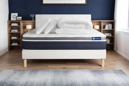 Pack lit complet 140x200 cm - Matelas + Sommier Blanc (en kit) + 2 oreillers + Couette - Actiflex Confort