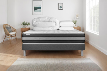 Pack lit complet 160x200 cm - Matelas + Sommier Gris (en kit) + 2 oreillers + Couette - Vitalspring Zen
