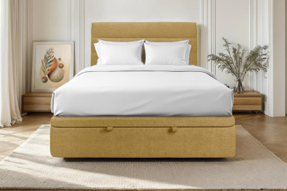 Lit coffre 140x190 cm avec Tête de lit à lignes - Tissu Toile natté Jaune