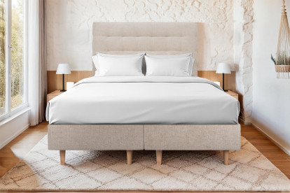 Lit 2x 80x200 cm - Sommier tapissier H35 cm + tête de lit capitonnée - Tissu Toile natté Beige Brun