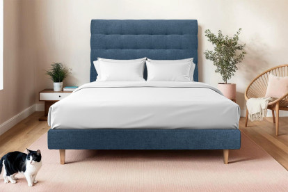 Lit 140x200 cm - Sommier tapissier H29 cm + tête de lit capitonnée - Tissu Toile natté Bleu Océan