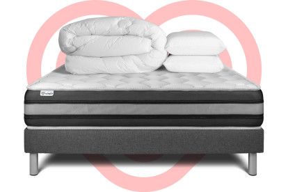Pack lit complet 140x190 cm - Matelas + Sommier Gris (en kit) + 2 oreillers + Couette - Vitalspring Zen