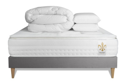Pack lit complet 140x190 cm - Matelas + Sommier Gris (en kit) + 2 oreillers + Couette - Vingt-Huit PLUS