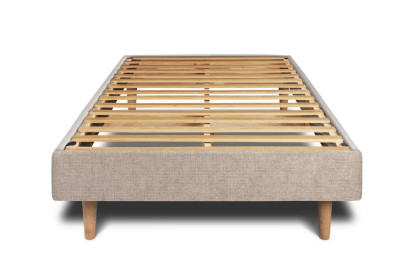 Lit 90x200 cm - Sommier à lattes H29 cm + tête de lit tapissée - Tissu Toile natté Beige Brun