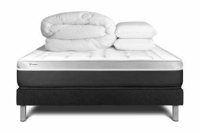 Pack lit complet 180x200 cm - Matelas + Sommier Noir (en kit) + 2 oreillers + Couette - Vital Soft