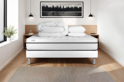 Pack lit complet 200x200 cm - Matelas + Sommier Blanc (en kit) + 2 oreillers + Couette - Vital Spa