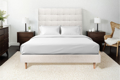 Lit 150x200 cm - Sommier tapissier H29 cm + tête de lit capitonnée - Tissu Bouclette Beige Clair