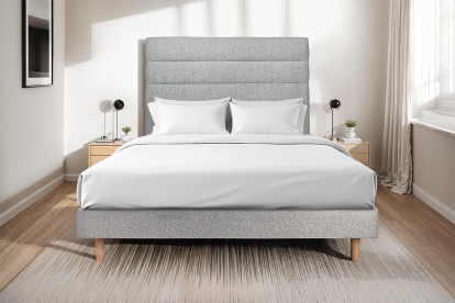 Lit 135x190 cm - Sommier à lattes H29 cm + tête de lit à lignes - Tissu Bouclette Gris