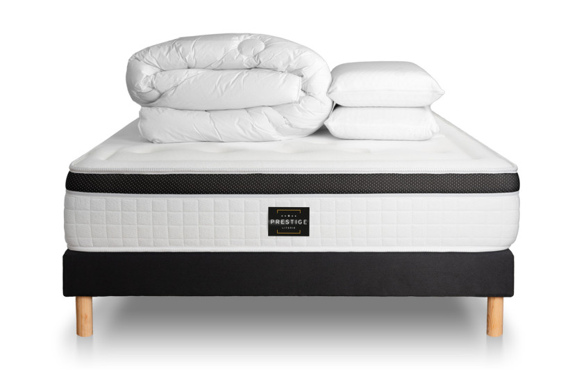 Pack lit complet 140x200 cm - Matelas + Sommier Noir + 2 oreillers + Couette - Privilège