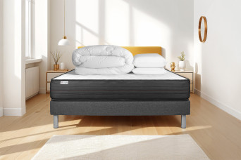 Pack lit complet 160x200 cm - Matelas + Sommier Gris (en kit) + 2 oreillers + Couette - Vitalpower