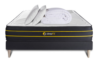 Pack lit complet 160x200 cm - Matelas + Sommier Noir + 2 oreillers + Couette - Ultra