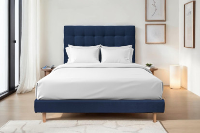 Lit 150x190 cm - Sommier tapissier H29 cm + tête de lit capitonnée - Tissu Velours Bleu Océan