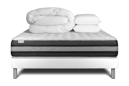 Pack lit complet 140x190 cm - Matelas + Sommier Blanc (en kit) + 2 oreillers + Couette - Vitalspring Zen