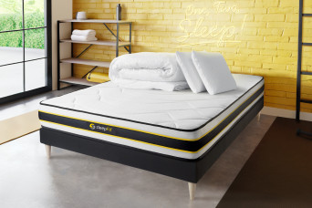Pack lit complet 160x200 cm - Matelas + Sommier Noir (en kit) + 2 oreillers + Couette - Flexy