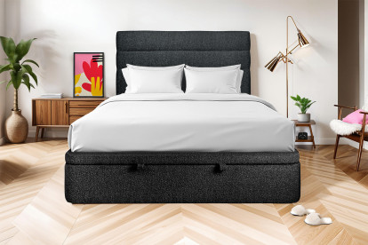 Lit coffre 160x200 cm avec Tête de lit à lignes - Tissu Bouclette Noir