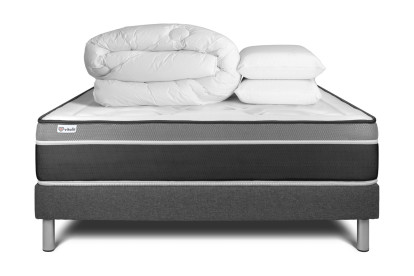 Pack lit complet 140x200 cm - Matelas + Sommier Gris (en kit) + 2 oreillers + Couette - Vital Care