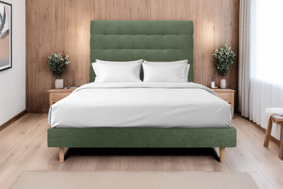 Lit 135x190 cm - Sommier tapissier H29 cm + tête de lit capitonnée - Tissu Toile natté Vert Kaki