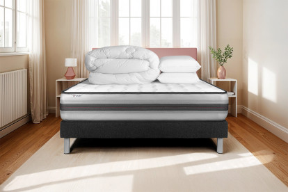 Pack lit complet 180x200 cm - Matelas + Sommier Noir (en kit) + 2 oreillers + Couette - Vitalpower Recover