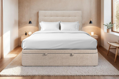 Lit coffre 140x200 cm avec Tête de lit capitonnée - Tissu Toile natté Beige Brun