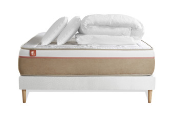 Pack lit complet 200x200 cm - Matelas + Sommier Blanc (en kit) + 2 oreillers + Couette - Le Soyeux