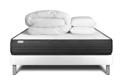 Pack lit complet 180x200 cm - Matelas + Sommier Blanc (en kit) + 2 oreillers + Couette - Vitalpower