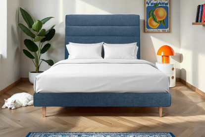 Lit 150x200 cm - Sommier à lattes H29 cm + tête de lit à lignes - Tissu Toile natté Bleu Océan
