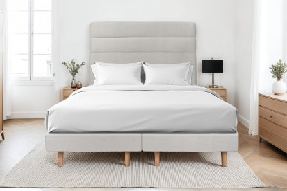 Lit 2x 100x200 cm - Sommier tapissier H29 cm + tête de lit à lignes - Tissu Velours Gris Clair
