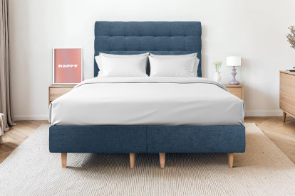 Lit 2x 90x200 cm - Sommier tapissier H35 cm + tête de lit capitonnée - Tissu Toile natté Bleu Océan